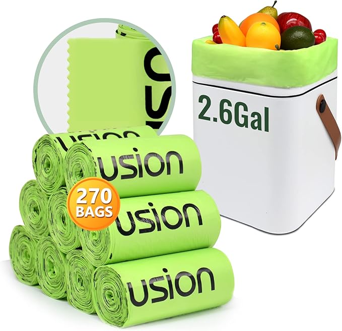 GreFusion Compostable Trash Bags, Small 2.6 Gallon, 270 Count, 0.72 Mils Thick, Eco Friendly, ASTM D6400 & BPI Certified, Composts Food Scraps, No Leaks