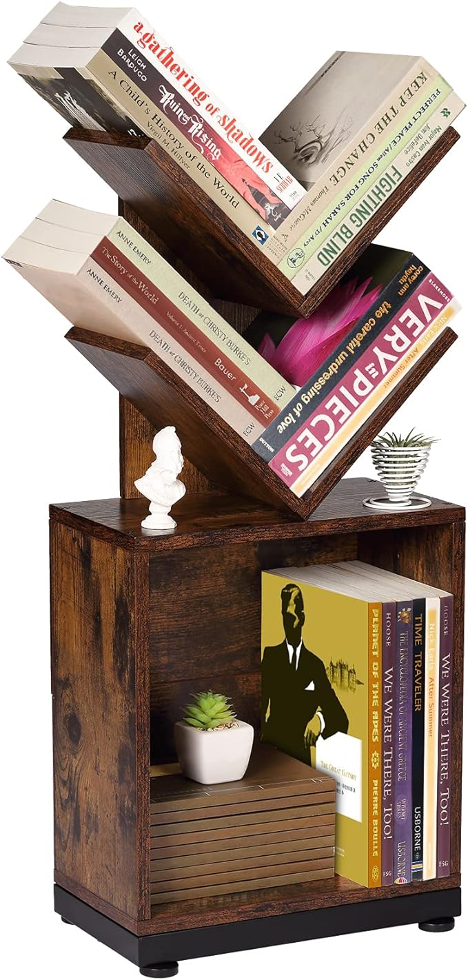ruboka 2-Shelf Tree Bookshelf with Storage, 26.5-Inch Retro Floor Standing Bookcase Display for CDs/Magazine/Books, Small Bookshelf for Bedroom, Living Room, Office, Brown Storage Shelves
