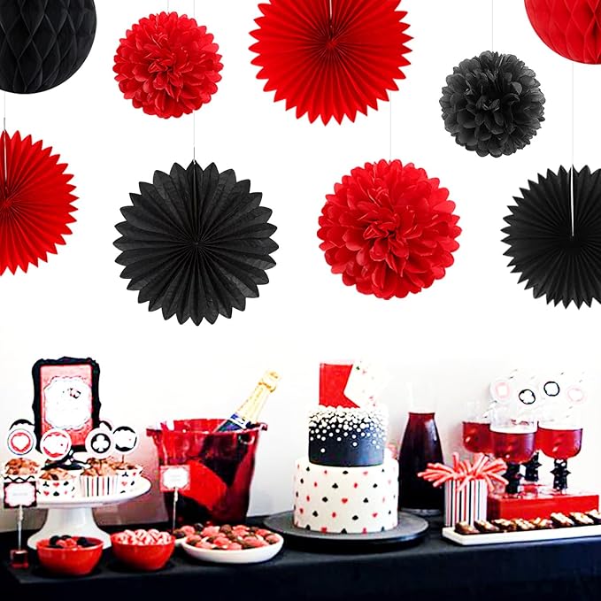Red Black Happy-Halloween Party Decorations - 13PCS Spider Web Bats Streamers Banner ,Paper Flowers Lanterns Tissue Pom Poms Fans, Classroom Birthday Bachelorette Hanging Supplies Decor Hugfond