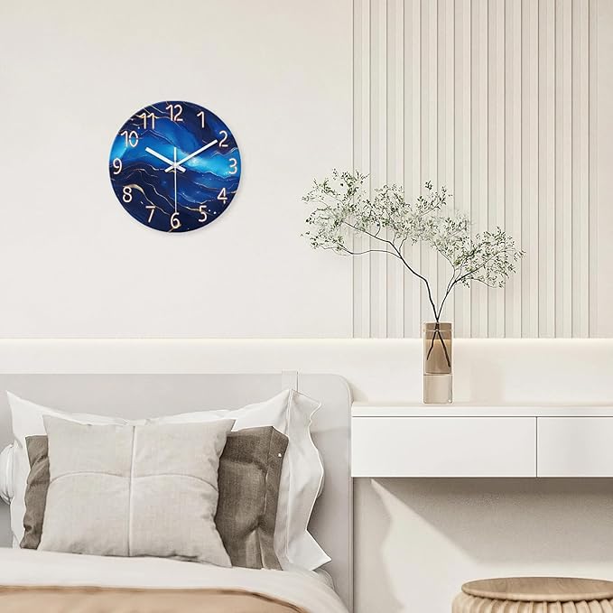 Glass Wall Clocks Battery Operated 14 Inch Modern Abstract Wall Clock for Bedroom Blue Wall Clock Silent Non Ticking