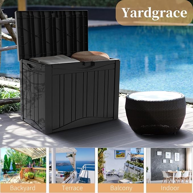 50 Gallon Heavy Duty Outdoor Deck Box with Lockable Lid, All Weather Waterproof Storage for Patio Cushions, Pool Toys, Garden Tools - Rust-Proof Resin Design (Black)