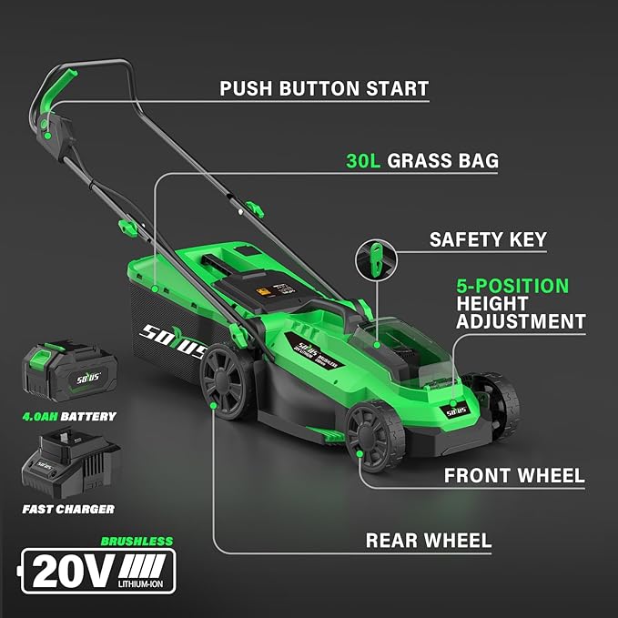 SOYUS Electric Lawn Mower Cordless, 13 Inch 20V Lawn Mowers with Brushless Motor, 2-in-1 Lawn Mower, 5-Position Height Adjustment, 4.0Ah Battery & Charger Included