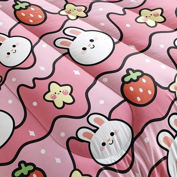 Kawaii Rabbit Comforter,Strawberry Rabbit Comforter Set for Kids Teens Girls,3Pcs Bedding Set Printed Comforter with 2 Pillowcases,Down Alternative,Soft and Lightweight(Pink，King Size)