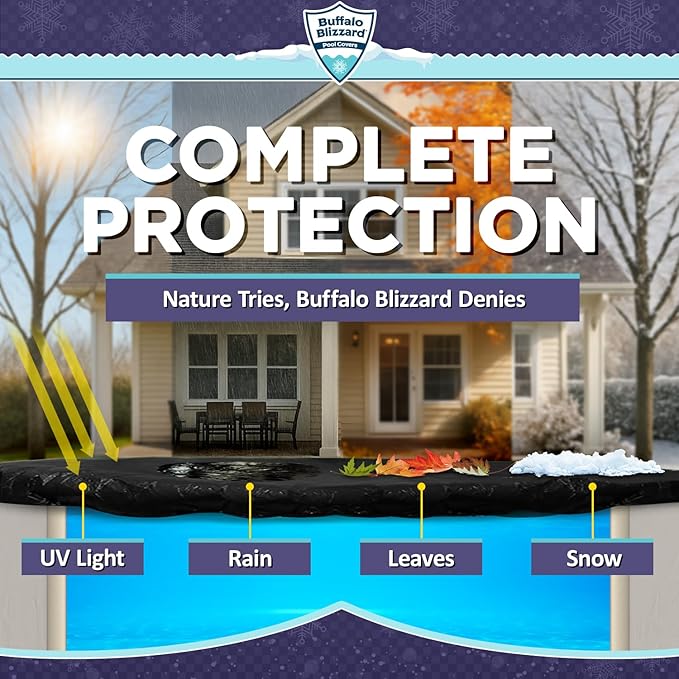 Buffalo Blizzard Deluxe Winter Cover for 12 ft x 24 ft Rectangle Inground or Above Ground Swimming Pools | Blue/Black Reversible | 5-Foot Additional Material