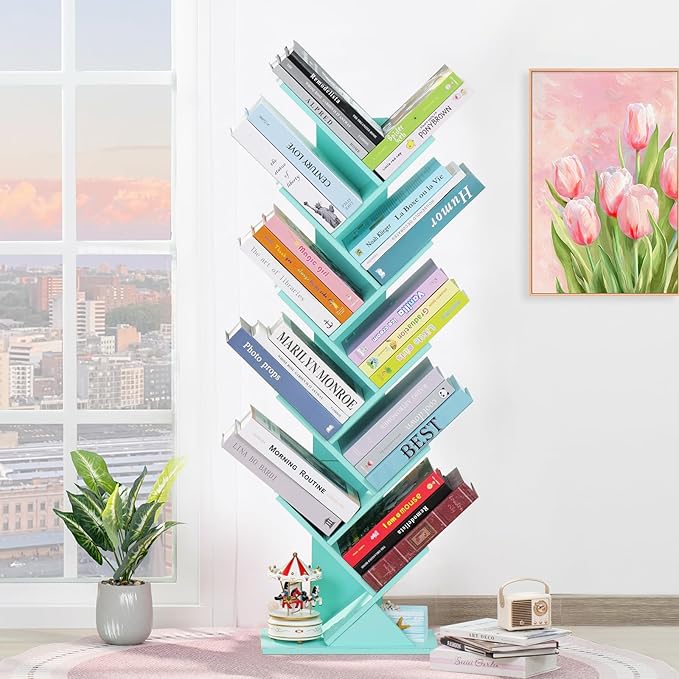 10 Tier Tree Book Shelf, Floor Standing Wood Bookshelf for Narrow Space, Storage Organizer Bookshelves for Books/CDs/Magazine, Bookcase with Shelves for Home Office, Living Room - Green