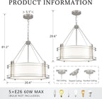20.4''Drum Chandelier,5-Light Brushed Nickel Modern White Fabric Chandeliers,Farmhouse Round Pendant Light Fixture for Dining Room Kitchen Island Living Room Bedroom Hallway