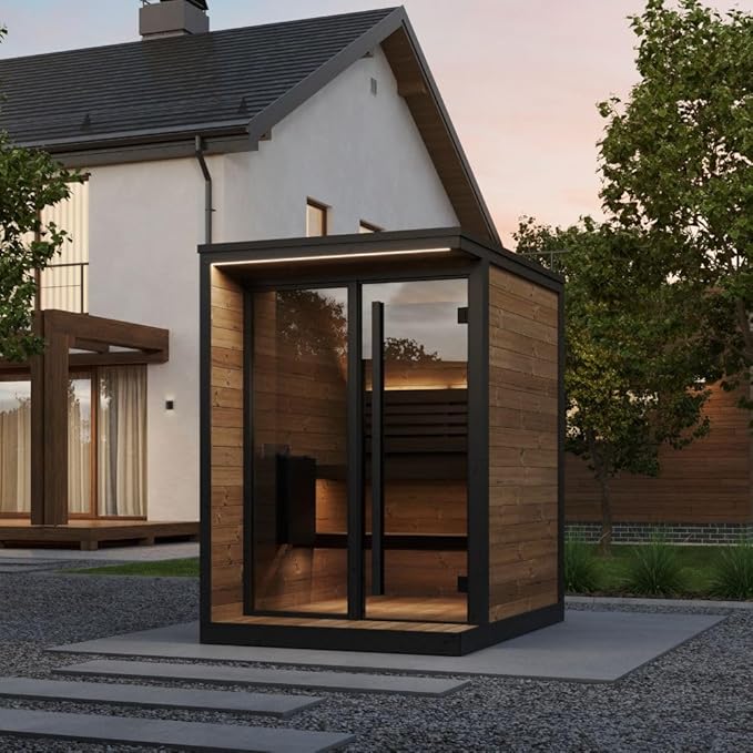 GL4 Outdoor Sauna Kit, Garden Luxury-Series Outdoor DIY Sauna Kit, Thermo-Spruce, up to 4 Persons Bundles (Sauna Heater and Sauna Stones Included) (Harvia The Wall SW60 - Black Steel)