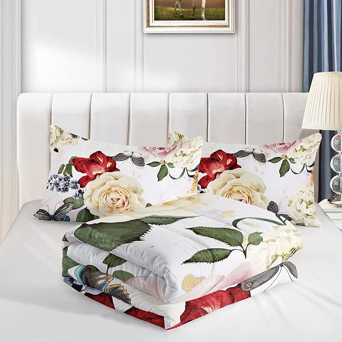 Butterfly Comforter Set for Girls Kids Adults Watercolor Butterfly Rose Bedding Set Aesthetics Butterflies Quilt Duvet Set Queen Size with 1 Comforter and 2 Pillowcases