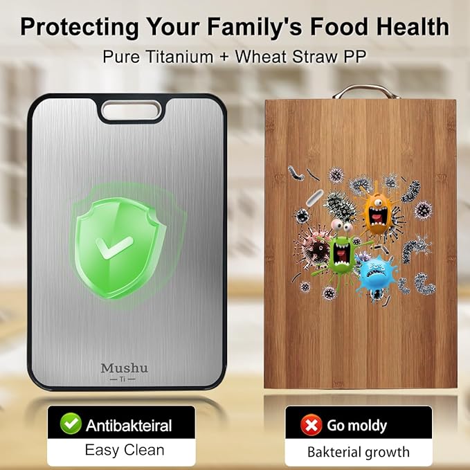 Mushu Titanium Cutting Boards for Kitchen,Upgrated Double Sided Food-Grade 100% Pure Titanium w/Wheat Straw PP Chopping Board for Meat Vegetable Fruit,Easy to Clean,Kitchen Gifts Large Size