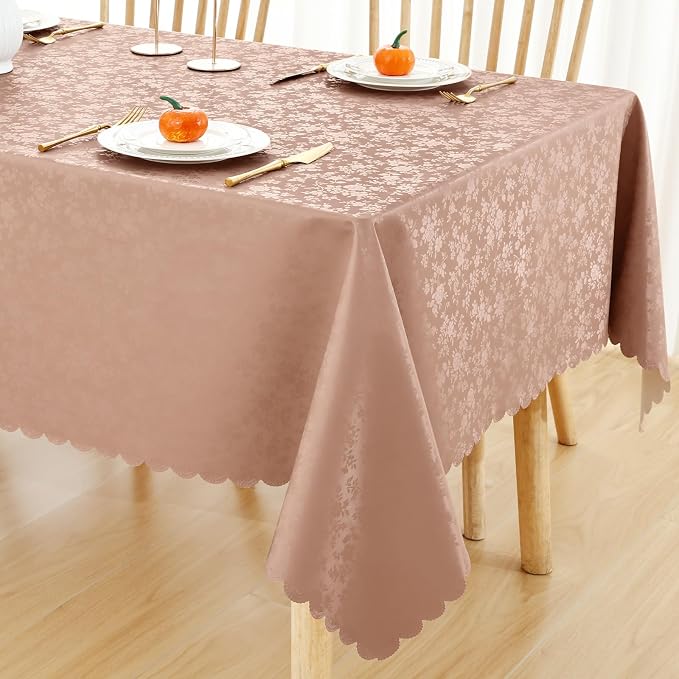 Smiry Square Waterproof Heavy Duty Vinyl Tablecloths, 54 x 54 Inch | Wipeable Washable Floral Embossed Table Cover for Kitchen and Dining Room, Indoor & Outdoor Use, Tan