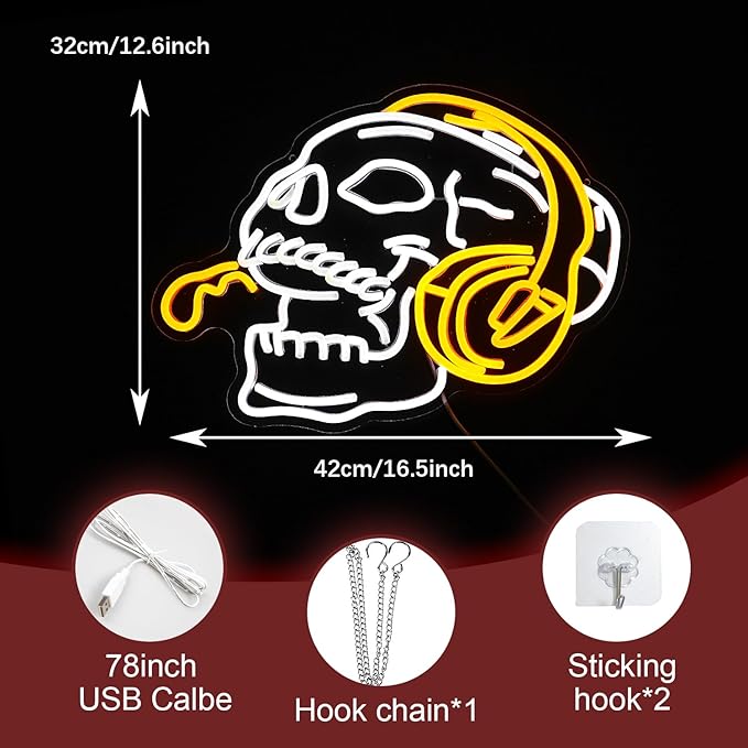Skull Headphone Neon Sign Headphone Neon Light for Wall Decor LED Dimmable USB Skull Light Up Sign for Halloween Party Game Room Personalized Gifts(12.6 * 16.5In)