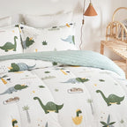 Joyreap Dinosaur Kids Cotton Comforter Set for Boys Girls, Twin Size 3pcs Cotton Bedding Comforter, Fresh Green Dinosaurs on White Design, Skin-friendly Breathable for All Season- 68x88 inches