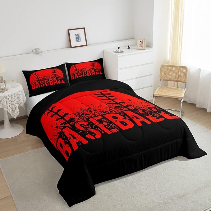 Baseball Comforter Set King Size Kids Red Black Sports Quilt Bedding Set For Boys Girls,Reversible Black Bedding Comforter Sets Soft Lightweight For All Season,1 Comforter And 2 Pillow Cases