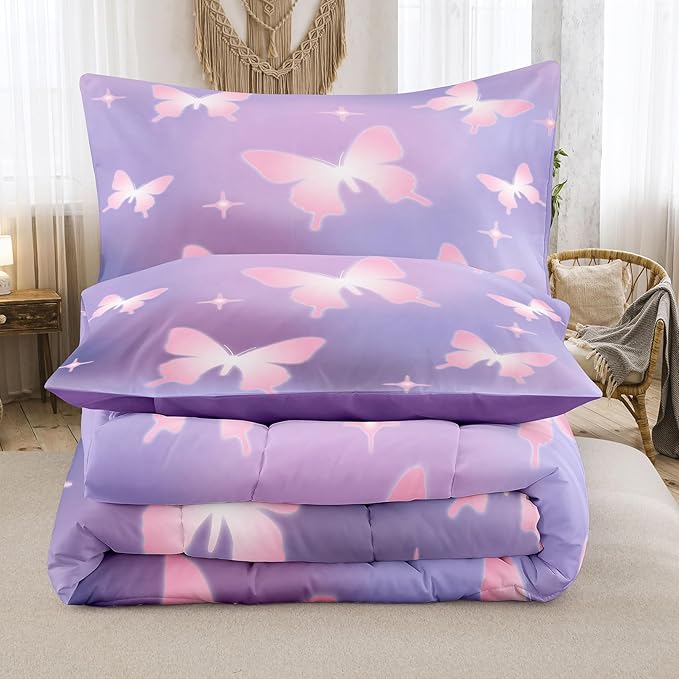 Tailor Shop Butterfly Comforter Sets Twin Size,Purple Pink Butterfly Bedding Sets for Girls Kids Teens with 1 Pillowcase…