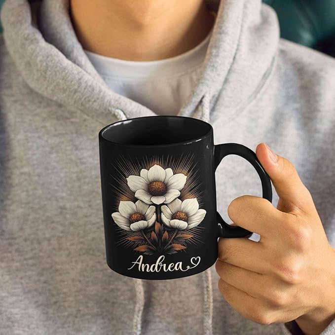 Personalized Nature Inspired Coffee Mug, Custom Name Black Cup 11oz or 15oz, Elegant Flower Ceramic Mug for Gardeners, Custom Floral Themed Coffee Cup, Gifts for Flower Lovers