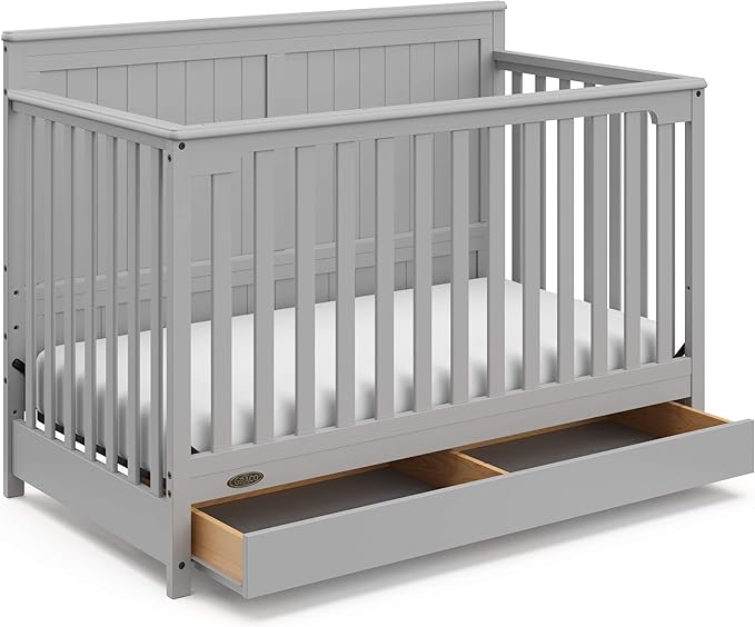 Graco Hadley 5-in-1 Convertible Crib with Drawer (Pebble Gray) – GREENGUARD Gold Certified, Crib with Drawer Combo, Full-Size Nursery Storage Drawer, Converts to Toddler Bed, Daybed