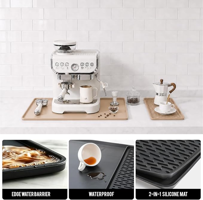 Caketime 2 In 1 Silicone Coffee Bar Mat Accessories for espresso Machine with Detachable Dish Drying Rug Waterproof Kitchen Office House Gadgets Under Sink Drainer Supplies 16"x20" Beige