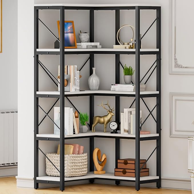YITAHOME Corner Bookshelf, 5-Tier L-Shaped Bookcase Storage Organizer, Tall Open Display Freestanding Storage Rack Modern Book Shelf for Living Room, Bedroom, Home Office, White