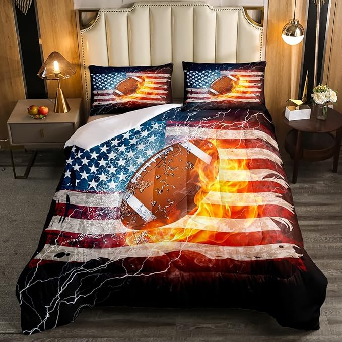 Boys American Football Comforter Set, United States Flag Down Comforter Queen Size, Soccer Sports Games Bedding Set for Kids Teens Adult Men, Geometric Stripes Retro Duvet Sets, Blue White and Red