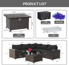 Kullavik 7 Pieces Outdoor Patio Furniture Set with 43" 55000BTU Gas Propane Fire Pit Table PE Wicker Rattan Sectional Sofa Patio Conversation Sets