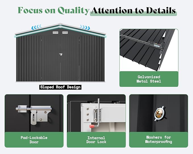 AMERLIFE 12x20x7.2 FT Metal Storage Shed with 2 Transparent Panels, Outdoor Tool Shed with Hinged Double Doors, Windows & Vents, Reinforced Steel Frame for Backyard Garden, DIY Workshop, Dark Gray