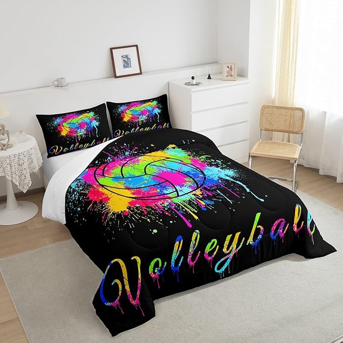 Feelyou Kids Volleyball Comforter Set Twin Size Sports Game Bedding Set for Boys Girls Teens Bedroom Decor Tie Dye Comforter Women Men Volleyball Player Duvet Set with 1 Pillow Case