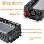 1000W Pure Sine Wave Power Inverter 12V DC to AC 110V 120V Peak Power 2000W with 2 AC Outlets Car Inverter and Dual 3.4A USB Port Cooling Fans and LCD Display for Inverter Home RV Car Solar System