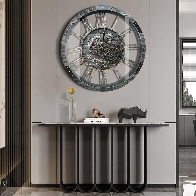DORBOKER 40" Original Moving Gears Wall Clock, Large Industrial Wall Clock for Living Room Decor,Oversized Wood Vintage Farmhouse Steampunk Rustic Clocks for Wall Decor,Carbon Gray