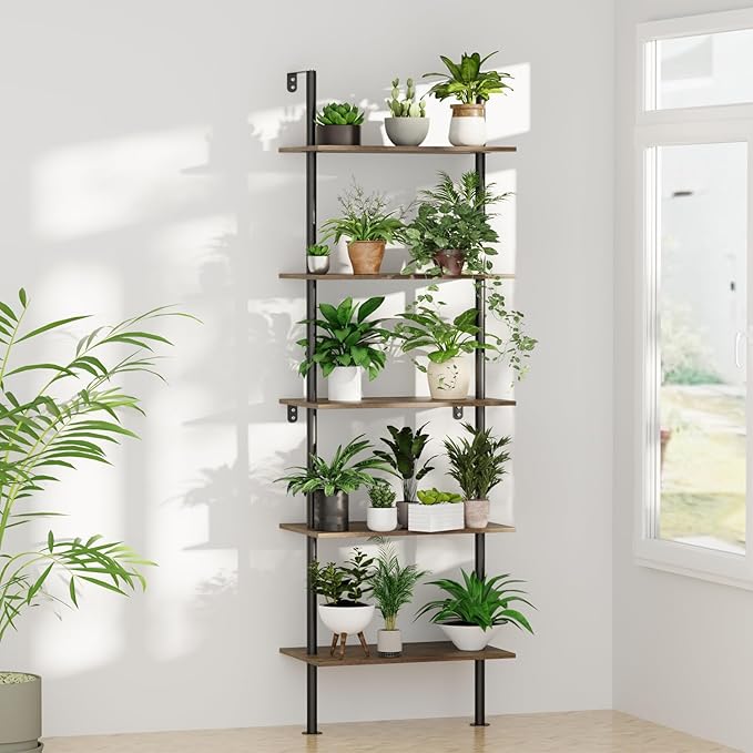 5 Tier Ladder Shelf Bookcase, Extra Sturdy Modern Bookshelf Wall Mounted, Tall Black Open Book Shelf, Standing Industrial Metal Frame with Wooden Shelves, 67“ (H) × 17(W)