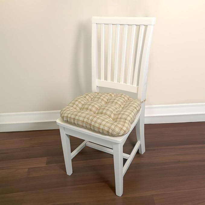 Barnett Home Decor Dining Chair Pad with Ties Montgomery Natural Beige Plaid - Size Medium 16.5 x 18 16.5 x 18 - Latex Foam Fill Cushion, Reversible, Machine Washable - Neutral Tan Tartan