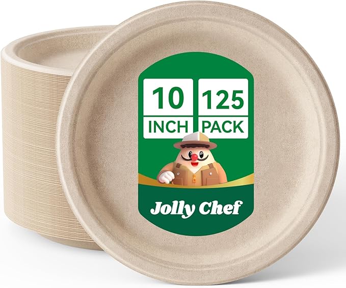 JOLLY CHEF Compostable Heavy Duty Plates 𝟭𝟬 𝗜𝗻𝗰𝗵 [𝟭𝟮𝟱 𝗣𝗮𝗰𝗸] Eco-Friendly Disposable Paper Plates Made of Bagasse Biodegradable Bulk for Party Dinner Sugarcane Thanksgiving Day (Natural)