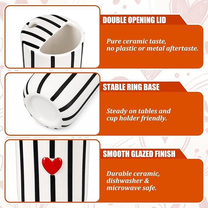 Ceramic Mug with Sip Hole 10 oz Novelty Black Striped Red Heart Ceramic Coffee Mug Hand Painted Travel Mugs Heat Resistant Non Slip Built in One Lid Mugs for Coffee Lovers Appreciation Gift