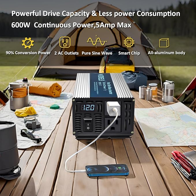 WZRELB 600W Pure Sine Wave Inverter 12V DC to 110V 120V AC Power Converter with LED Display, Off-Grid Portable Power Inverter with 2 AC Outlets for Home, RV, Truck, Camping
