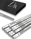 Metal Chopsticks Reusable 5 Pairs 18/8 Stainless Steel Chopsticks Sea Wave | Dishwasher Safe,Non-Slip Grip,Good for Beginners,Come in a Gift Box,SUS304 Resistant to Rust,Square,Chop Sticks Silver,9.25''