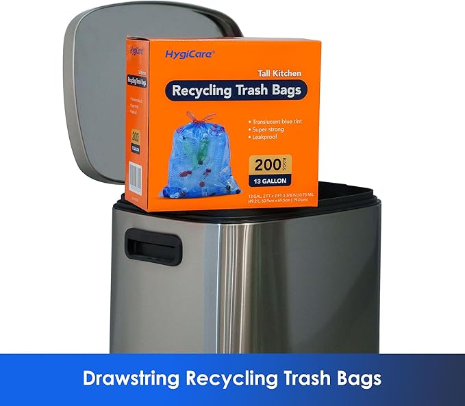 13 Gallon Recycling Trash Bags, Unscented 200 Count Drawstring Tall Kitchen Garbage Bags, Pre-Separated, Ultra Strong, Leakproof, Sturdy, Translucent Blue