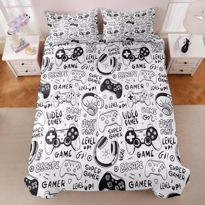 Gaming Comforter for Boys Teens,Game Bedding Sets Queen,Kids Gamer Comforter Set,Video Game Bedroom Decor,Gamepad Controller Duvet Insert All Season 3 Piece 1 Comforter and 2 Pillowcases