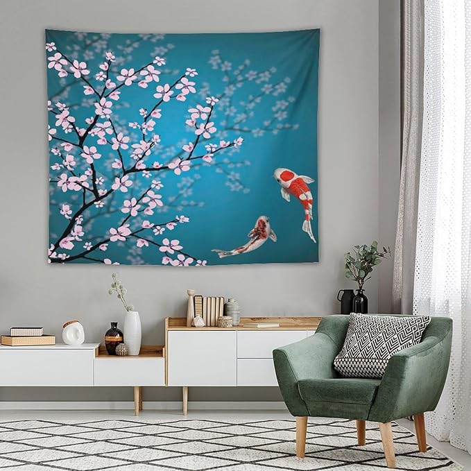 Japanese Koi Fish Tapestry, Cherry Blossoms Asian Oriental Green Teal Flower Branch Koi Fish Carp Tapestries Wall Hanging for Bedroom Living Room Office Decor 60"x50"