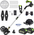 Electric Weed Wacker Cordless with Wheel, Brushless Grass Trimmer with 2 21V 4.0Ah Battery and Fast Charger, 3 Types of Blades String Trimmer, Weed Eater Battery Powered, Grass Cutter Machine