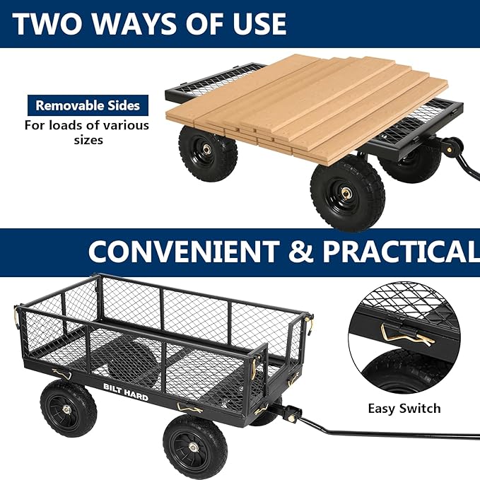 BILT HARD 10" Flat Free Tires Heavy Duty Garden Cart with 180° Rotating Handle and Removable Sides, 4 Cu.Ft 400 lbs Capacity Utility Steel Wagons for Outdoor