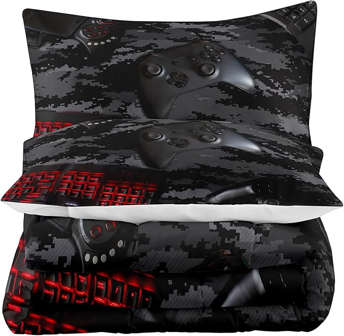 Tailor Shop Gaming Comforter Set Full Size for Boys, Black Camouflage Gamer Bedding Sets for Boys Kids Teenage, All Season 3 Piece Gaming Bed Set with 1 Comforter and 2 Matching Pillowcases…