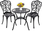 Outdoor Bistro Set 3 Piece Patio Bistro Set, Cast Aluminum Bistro Table and Chairs Set of 2, Small Patio Table Set for Porch, Black