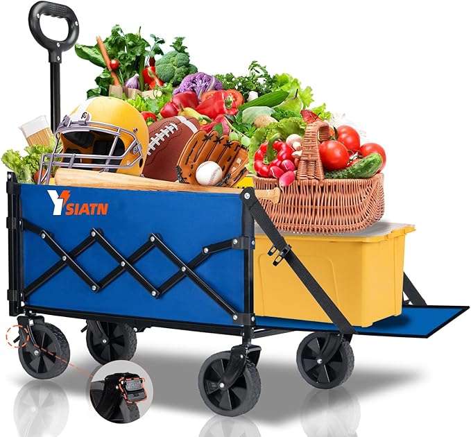 Collapsible Folding Wagon Cart with Tailgate - 300lbs Heavy Duty Foldable Utility Wagon and Brake Wheels - 100L Lightweight Grocery Wagons for Shopping Camping Sports Garden, Blue