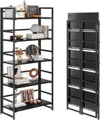 No-Assembly Folding Bookshelf Storage Shelves 5 Tiers Vintage Multifunctional Plant Flower Stand Storage Rack Shelves Bookcase for Home Office (All Black)