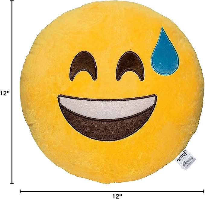 EvZ Official Certified Smile with Sweat Plush Pillow - 32cm Large Soft Grinning Face Emoticon Cushion - Funny Relatable Decorative Stuffed Toy for Office, Stress Relief & Gag Gift (Yellow)