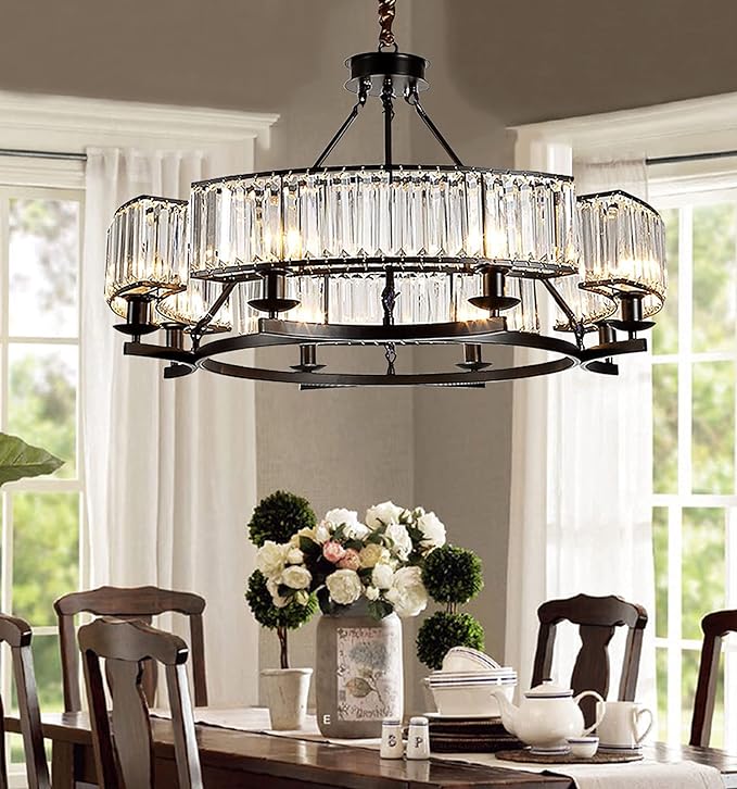 Farmhouse Crytal Chandeliers Dining Room Pendant Light Fixture Black Chandelier with K9 Crystal for Living Room Dining Room Foyer High Ceiling