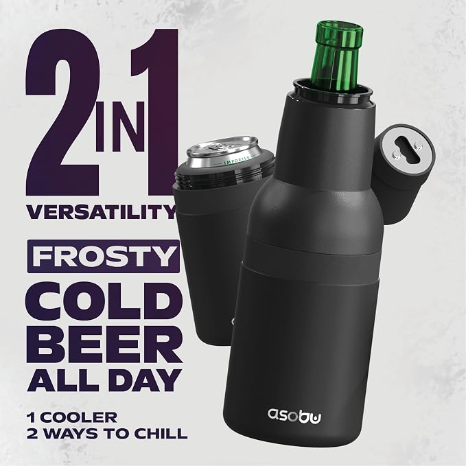 Asobu Frosty Beer Holder,2 Go Vacuum Insulated Double Walled Stainless Steel Beer Can and Bottle Cooler with Beer Opener, Bpa Free, Fits Standard 12oz, Ice Cold for Hours, Great Gift for Beer Lovers