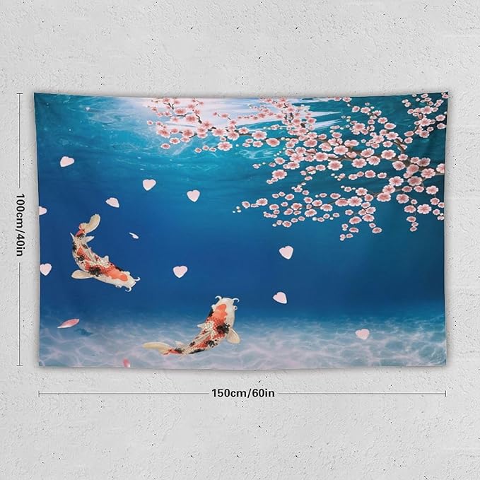 Japanese Koi Fish Tapestry, Cherry Blossoms Asian Oriental Blue Floral Branch Koi Fish Carp Tapestries Wall Hanging for Bedroom Living Room Office Decor 60"x40"