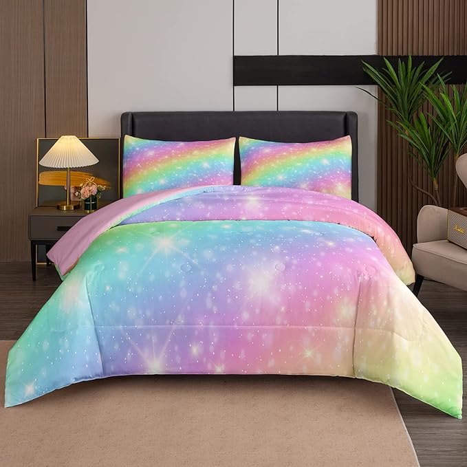 NINENINE Rainbow Bedding Sets,Pink Comforter Sets for girls,Girls Bedding Sets Full,Full Size Comforter Set for girls,Galaxy Comforter Toddler Bedding Set with 1 Comforter 2 Pillowcases