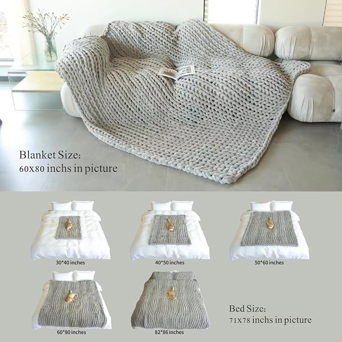 Maetoow Chenille Chunky Knit Blanket Throw （60×80 Inch）, Handmade Warm & Cozy Blanket Couch, Bed, Home Decor, Soft Breathable Fleece Banket, Christmas Thick and Giant Yarn Throws, Baby Blue