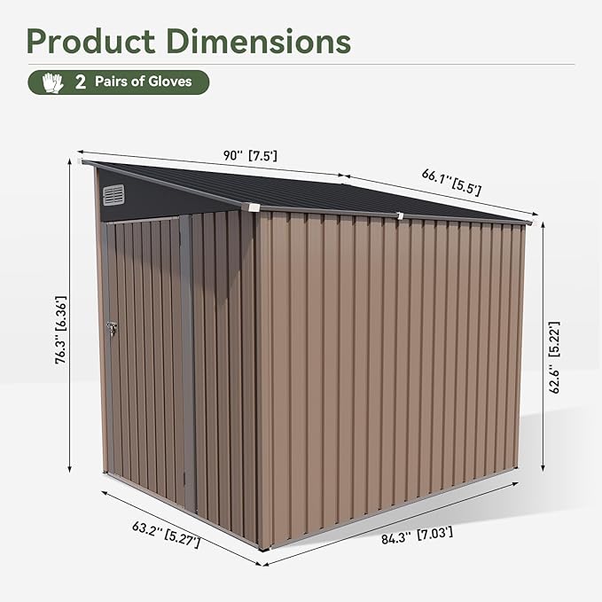Aoxun 7x5 FT Lean to Shed Garden Metal Storage Shed with Lockable Doors Outdoor Bike Shed for Backyard, Patio, Poolside (Brown)